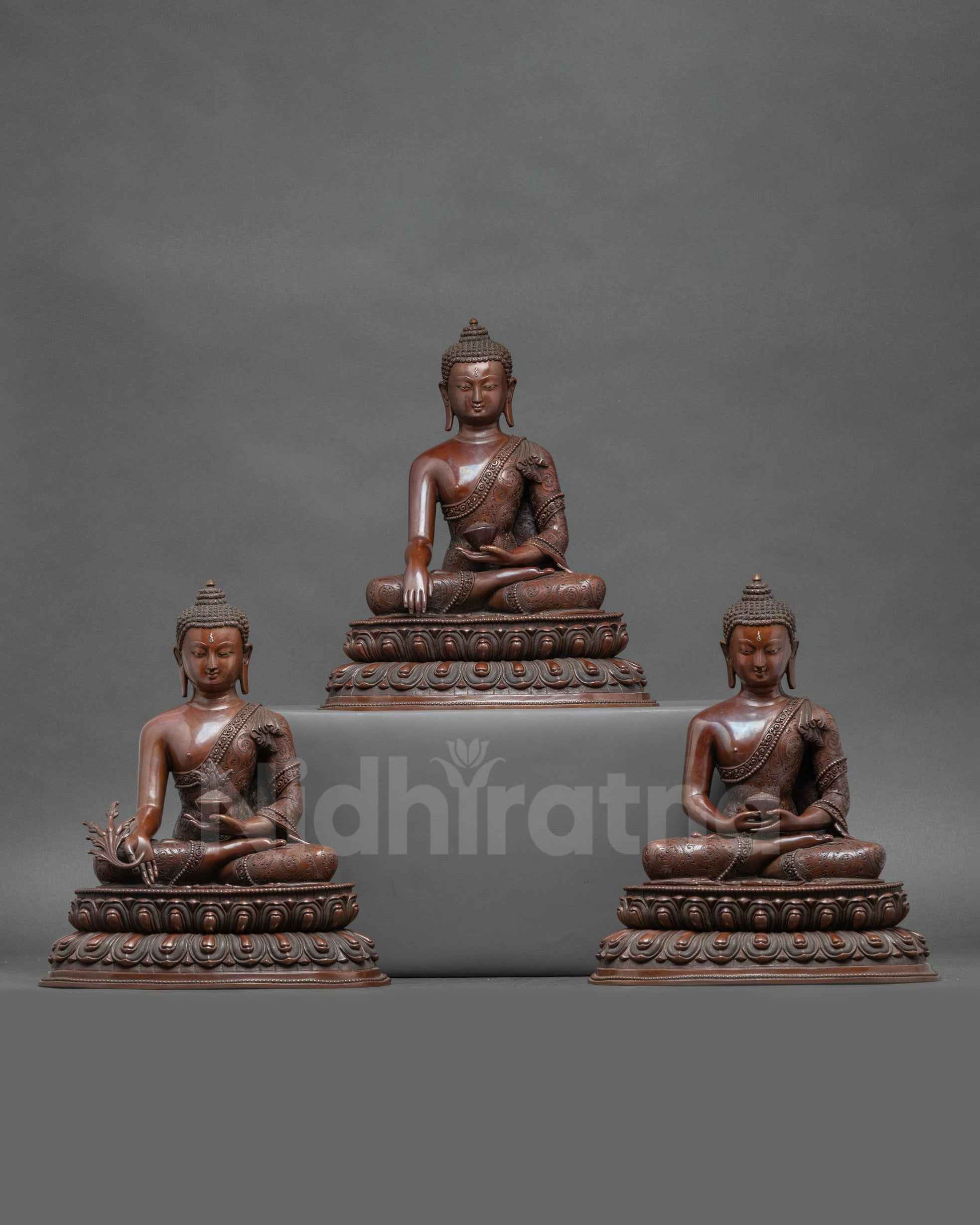 Triple Buddha Statue Set from Patan, Nepal, handcrafted Amitabha, Medicine, Shakyamuni