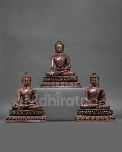 Triple Buddha Statue Set from Patan, Nepal, handcrafted Amitabha, Medicine, Shakyamuni