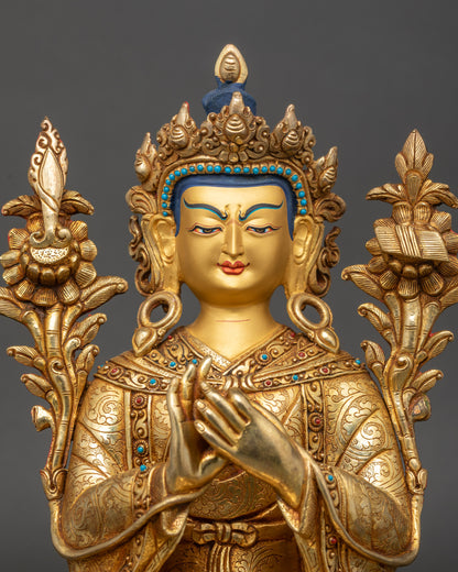 Trisong Detsen statue close up intricate gold fire-gilded details