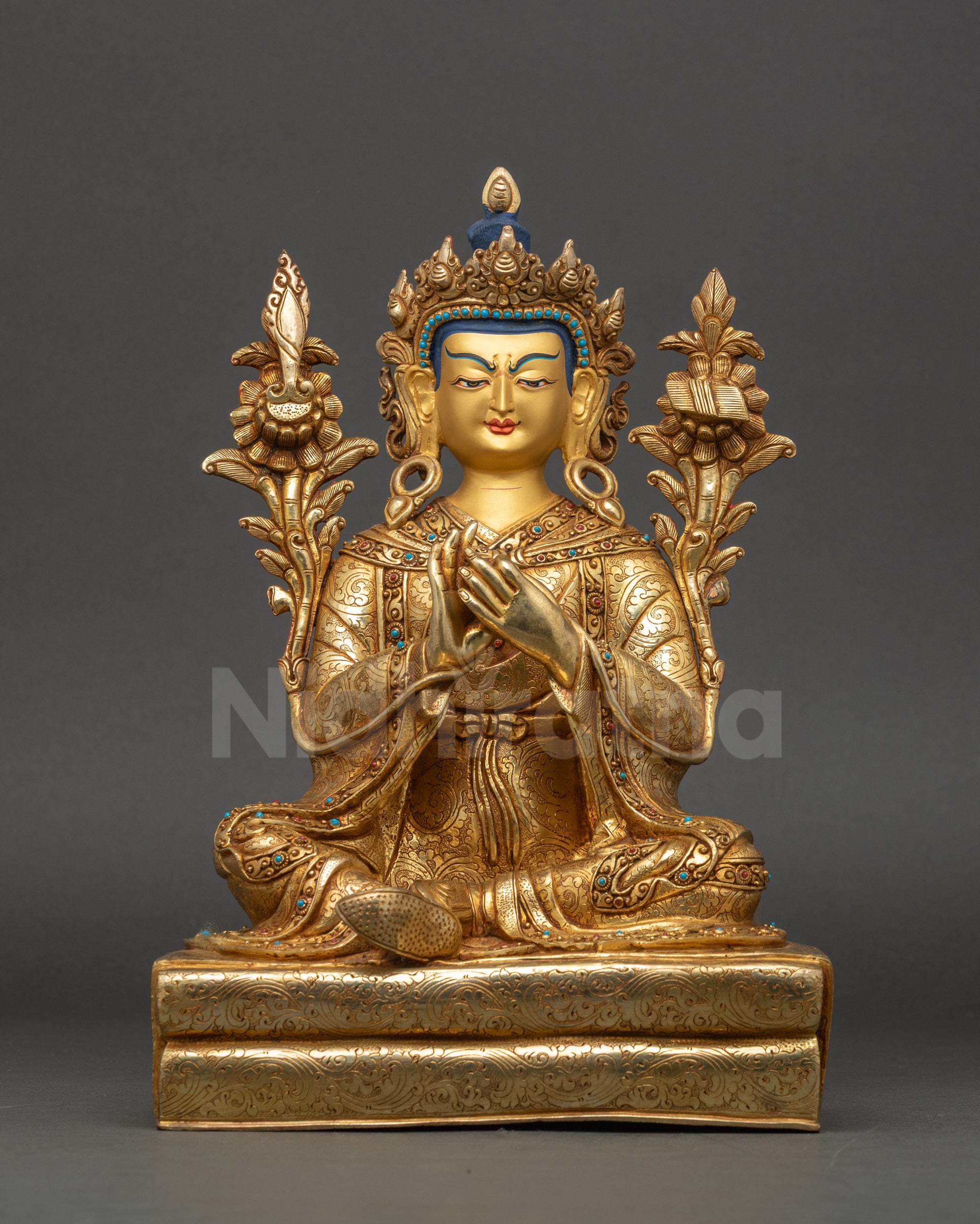 Trisong Detsen statue front view gold-gilded copper Buddhist sculpture