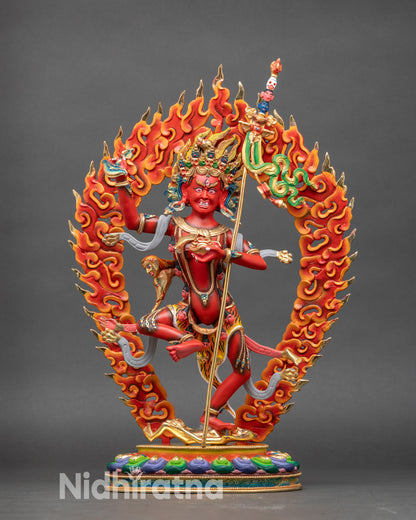 Troma Nagmo statue front view, handcrafted copper with three eyes and five skull crown