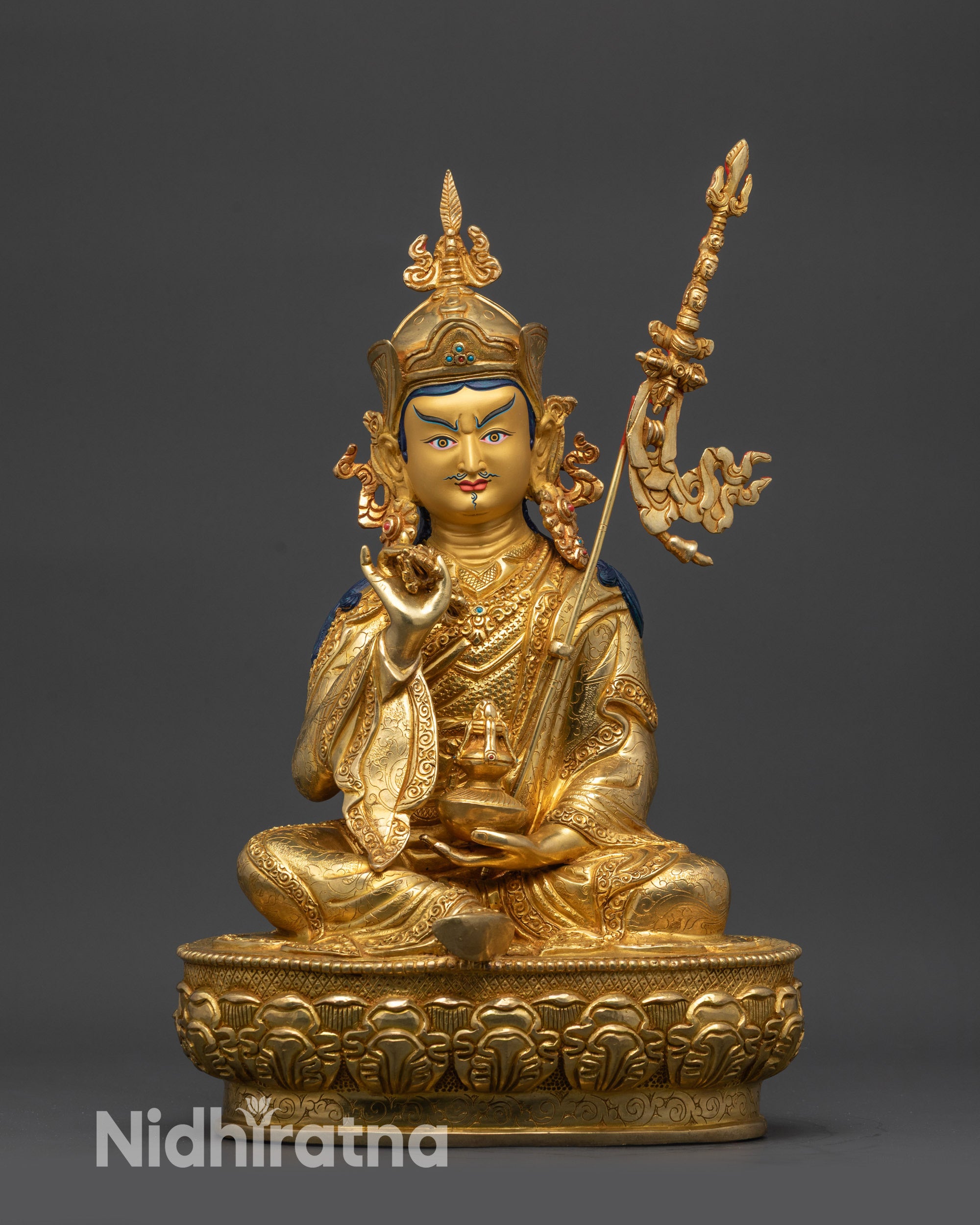 Tsokye Dorje Guru Rinpoche statue with gold face seated on lotus throne Nepal art