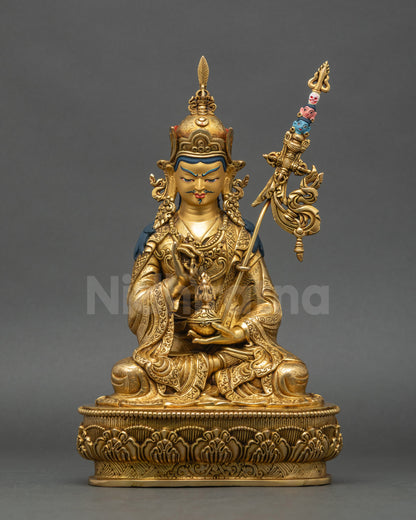 Tsokye Dorje Statue from Nepal showing full-body Buddha protector with Dojre and skull cup, handcrafted in copper with gold fire-gilding