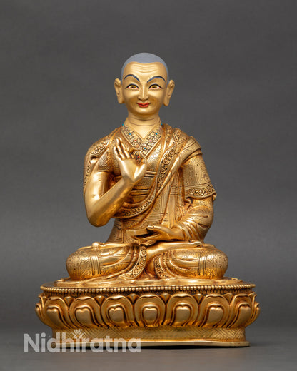 Tsong Khapa statues with gold-painted faces on lotus throne, Himalayan Buddhist artwork