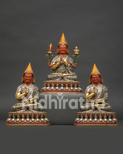 Tsongkhapa with Disciples statue set handcrafted in Nepal with silver-plated robes and gold-gilded lotus throne