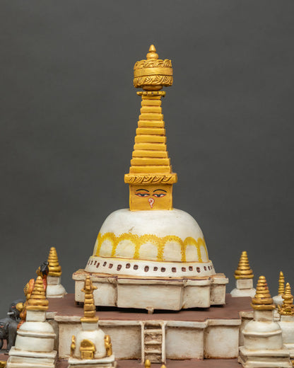 Upper spire detail of Boudhanath Stupa with golden tiered pinnacle