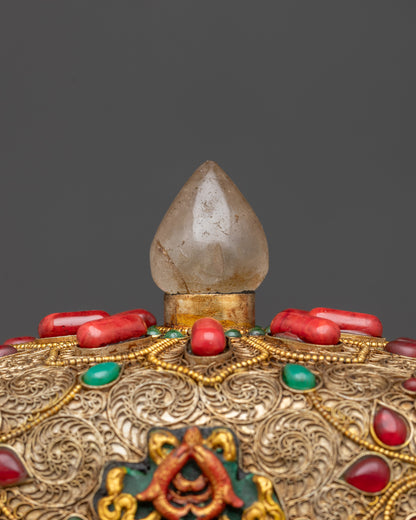 Upper gold plated crystal lid and three-sided base design of Kapala Set
