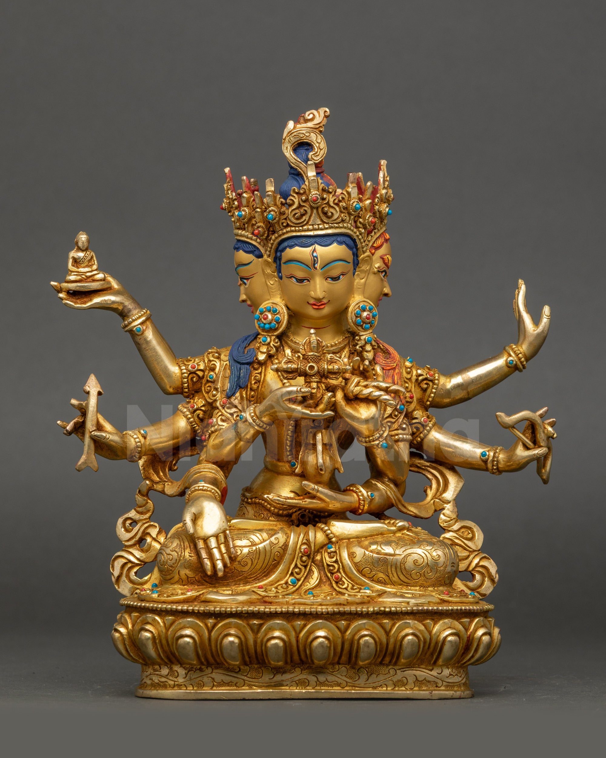 Ushnishavijaya Buddhist statue full view, handmade Nepalese gold fire-gilded sculpture
