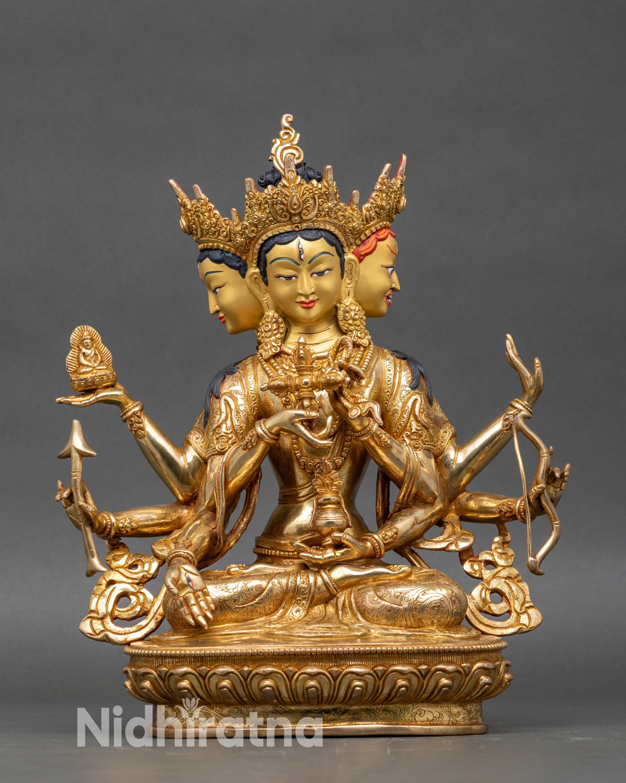 Ushnishavijaya Namgyalma statue front view, three-faced gold fire-gilded copper deity