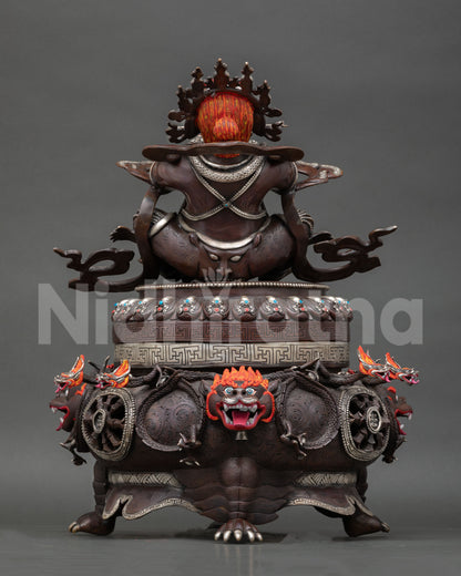 Vajradhaka statue back view Nepalese Buddhist sculpture inlaid stones silver plated finish meditation and protection art