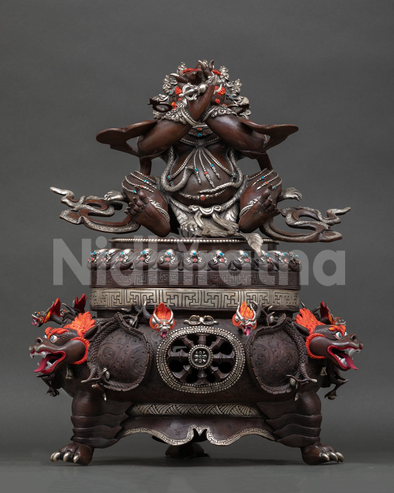 Vajradhaka statue front view handmade copper oxidized silver plated Himalayan Buddhist art with semi precious stones