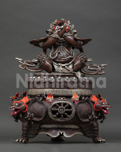 Vajradhaka statue front view handmade copper oxidized silver plated Himalayan Buddhist art with semi precious stones