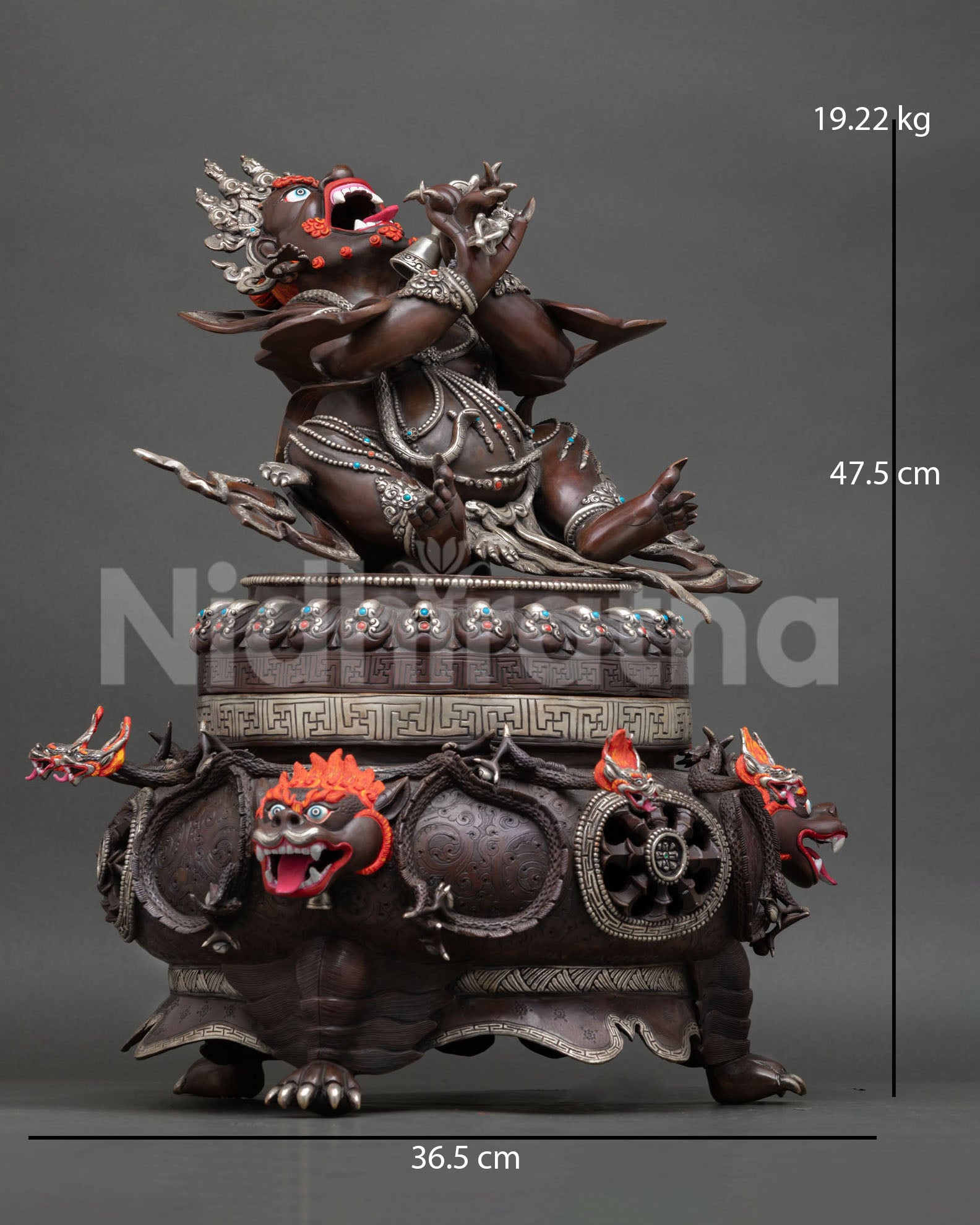 Vajradhaka statue side view lost wax casting copper sculpture oxidized finish silver plated deity art with ornaments