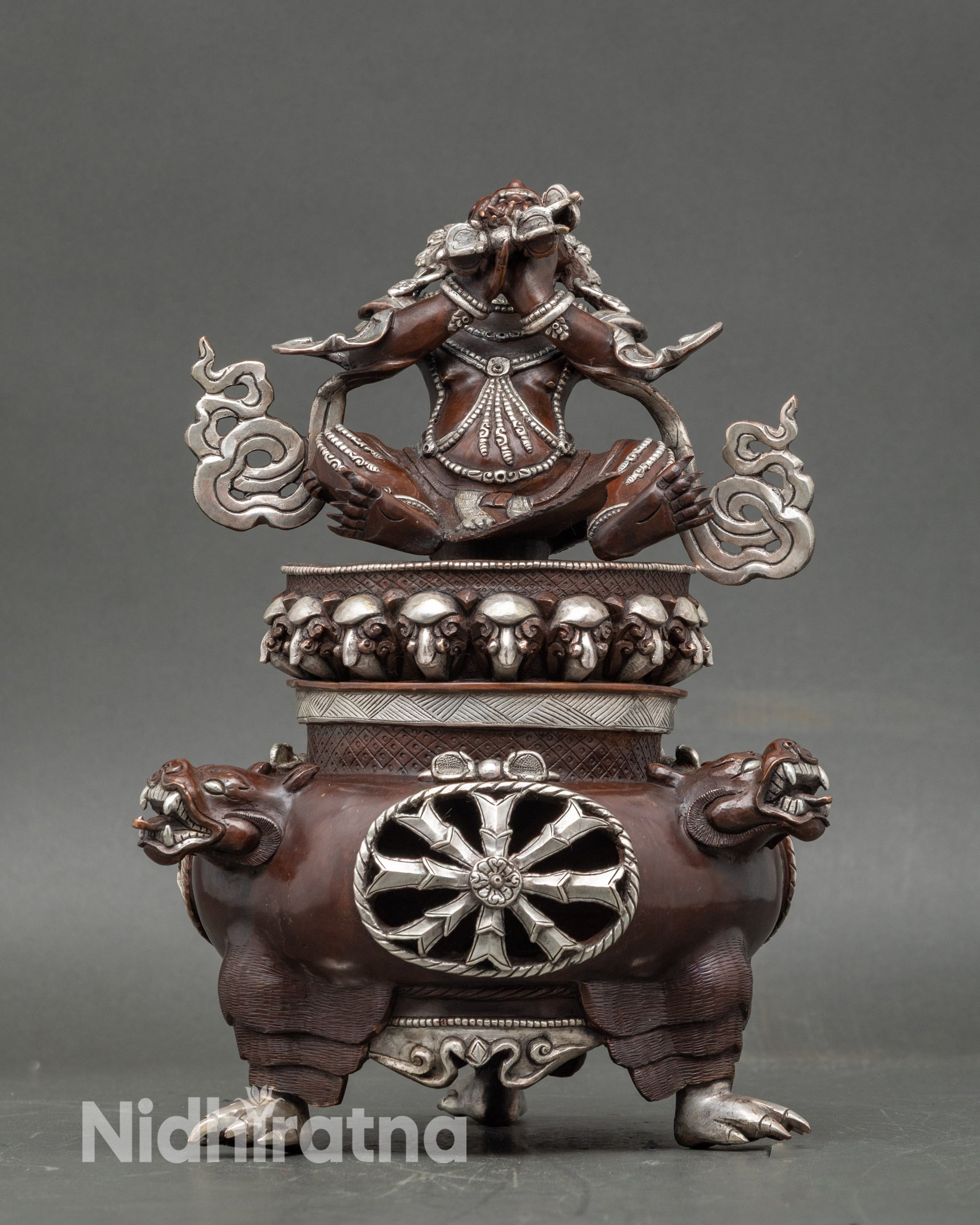 Vajradhaka Dorje Khandro incense burner statue handcrafted in Nepalese copper with silver-plated finish