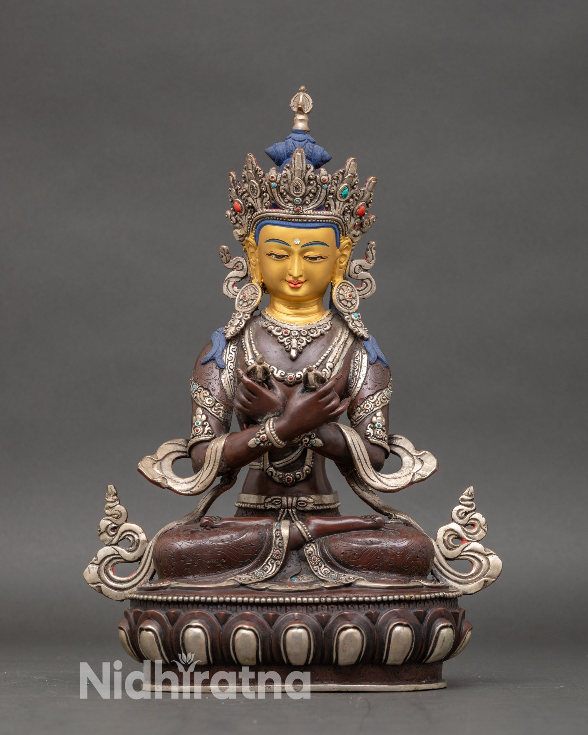 Vajradhara Statue for home shrine, handcrafted Nepalese copper Buddha with gold face