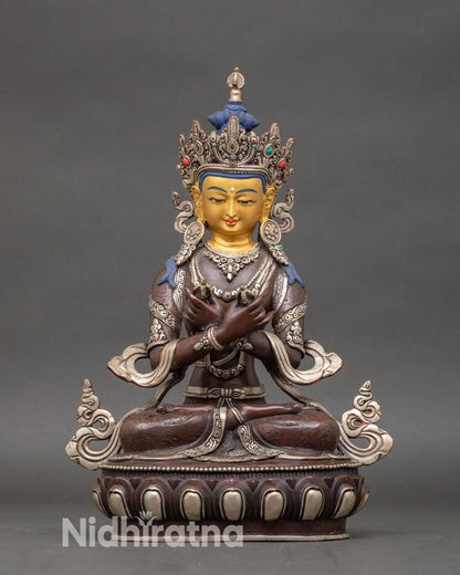 Vajradhara Statue for home shrine, handcrafted Nepalese copper Buddha with gold face