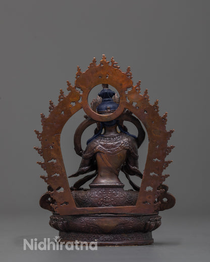 back view of precision-crafted Vajradhara statue showing halo and copper texture