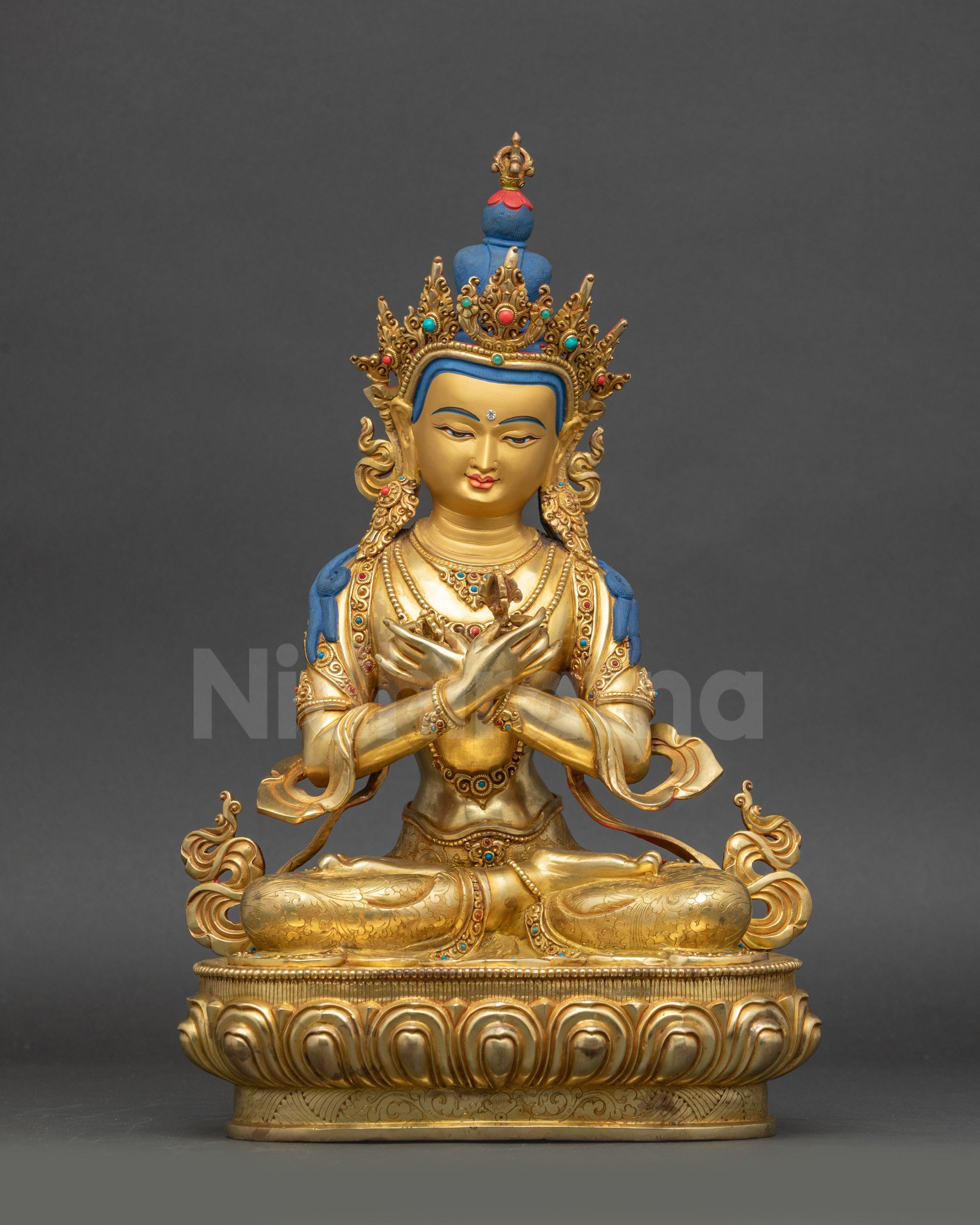 Vajradhara Buddha Statue front view on lotus seat gold gilded copper Nepal