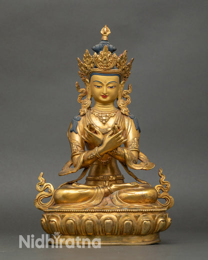 Vajradhara Meditation Statue seated on lotus, 24K gold gilded Himalayan art
