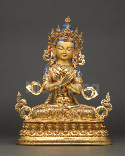 Vajradhara Statue gold-painted face holding vajra and bell seated on double-lotus base