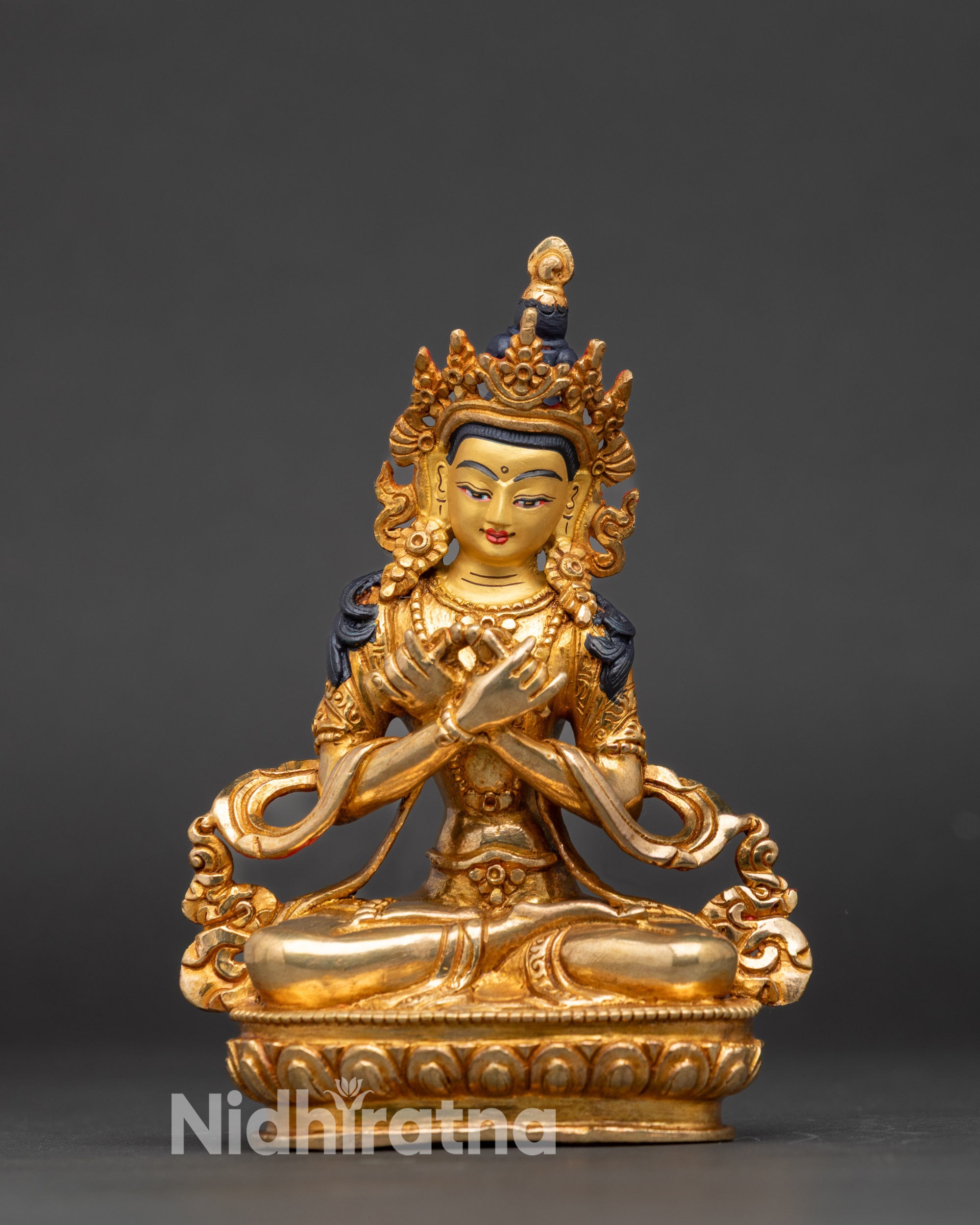 Vajradhara statue seated on lotus throne, handcrafted copper with gold fire-gilded finish