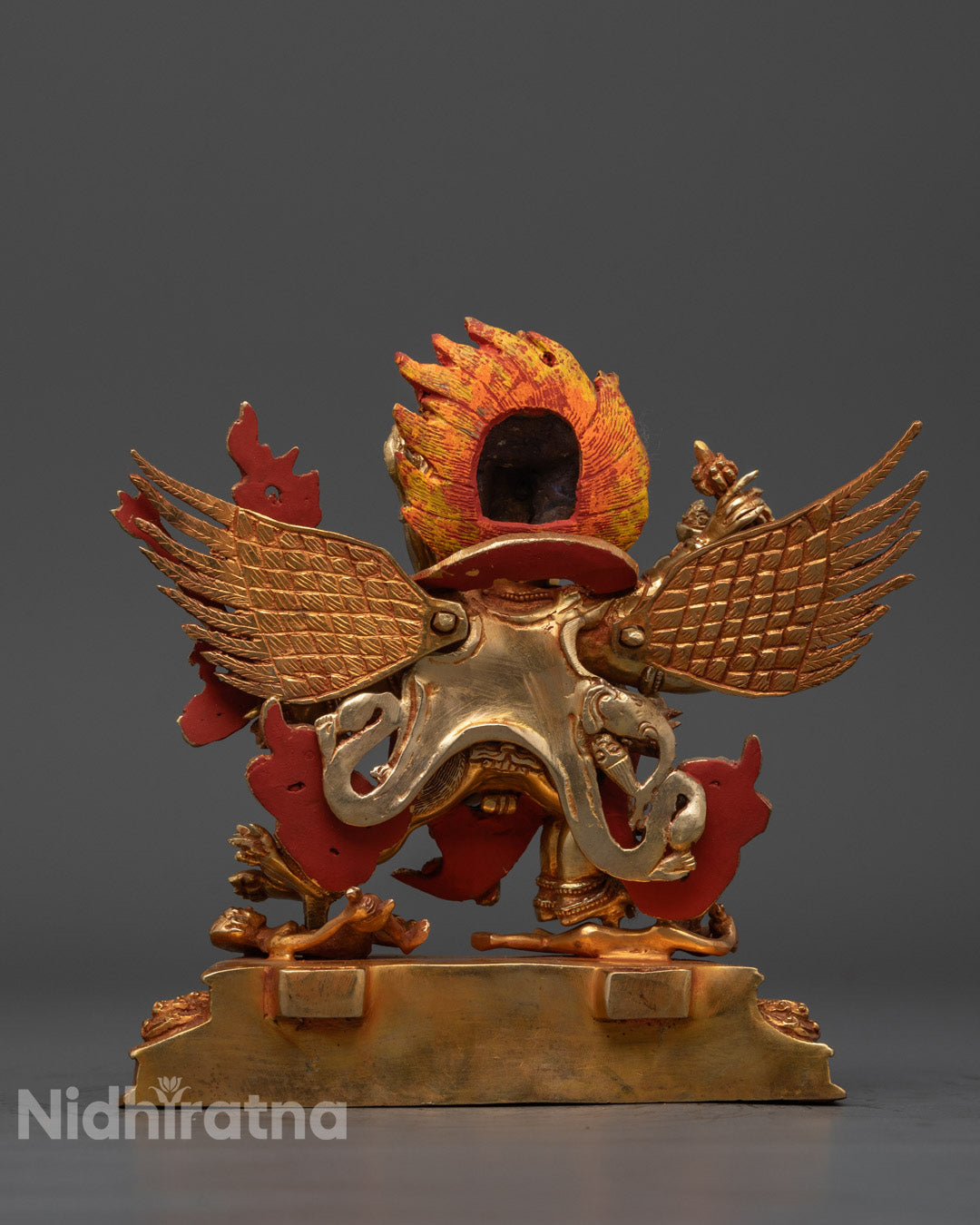 Vajrakilaya sculpture highlighting detailed carvings and dynamic flame motif – spiritual protector deity statue for altars