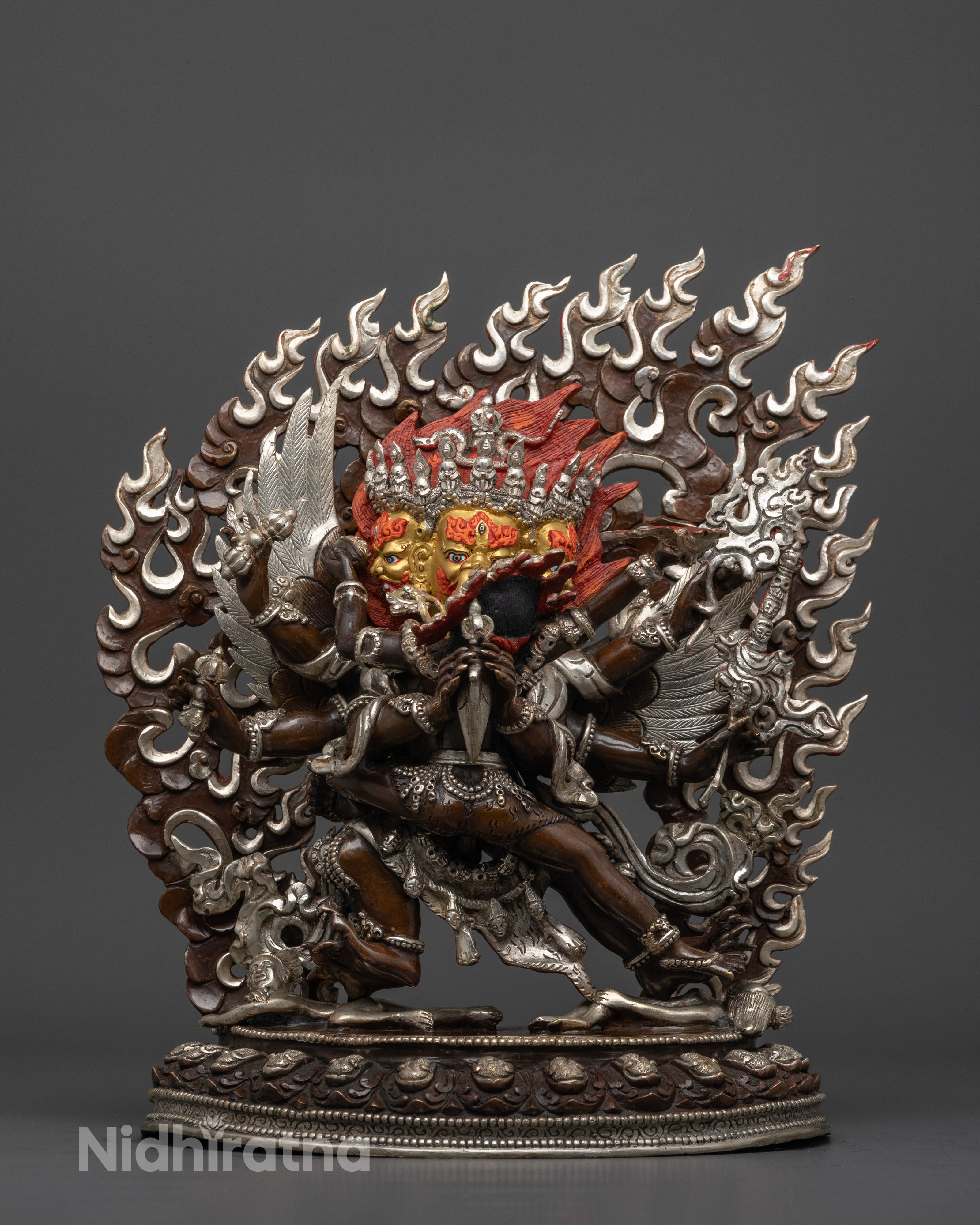Vajrakilaya statue standing on a lotus seat with a radiant sun disk behind, adorned with a vajra crown and tiger skin, symbolizing transformation, protection, and spiritual mastery.