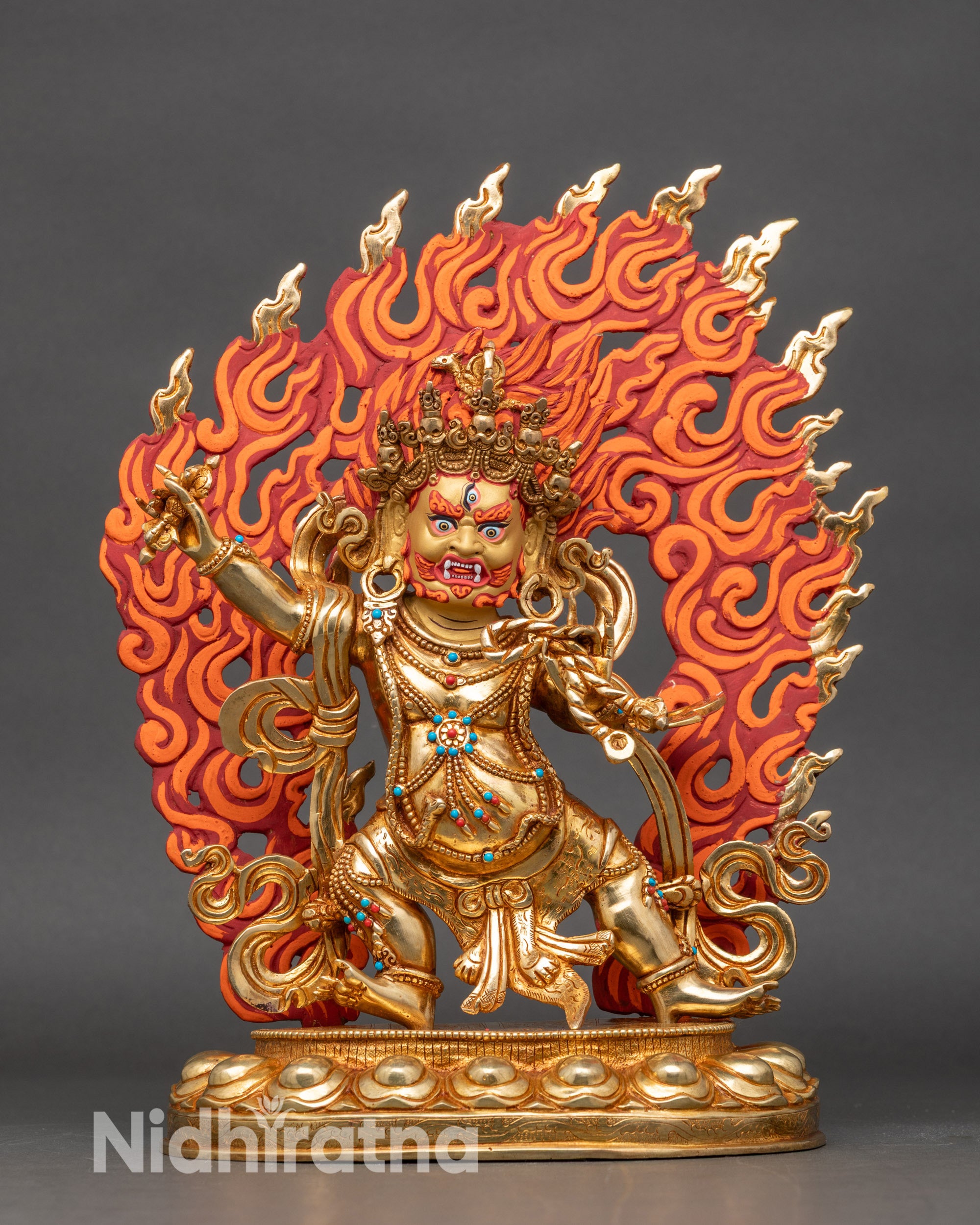 Vajrapani Bodhisattva statue front view, handcrafted Nepalese copper with 24K gold face