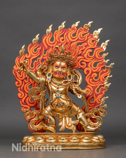 Vajrapani Bodhisattva statue front view, handcrafted Nepalese copper with 24K gold face