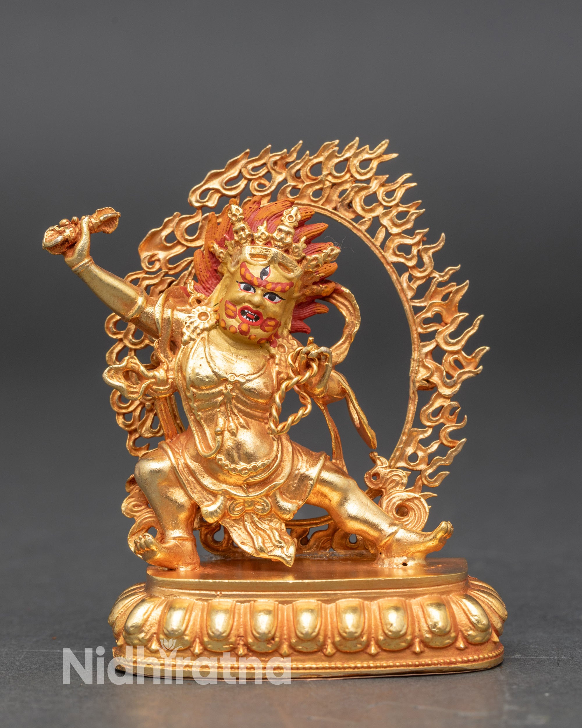 Vajrapani Bodhisattva statue with gold fire-gilded body and 24K gold-painted face on lotus pedestal
