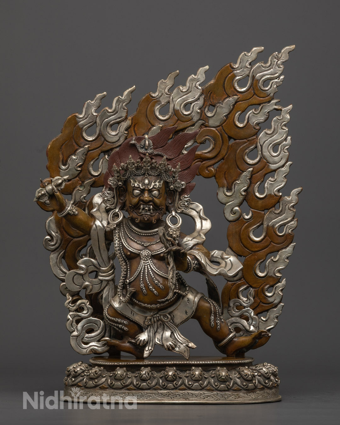 Vajrapani Oxidized Copper Statue with gold-gilded face, silver-plated accents, and vibrant acrylic details – handcrafted in Nepal