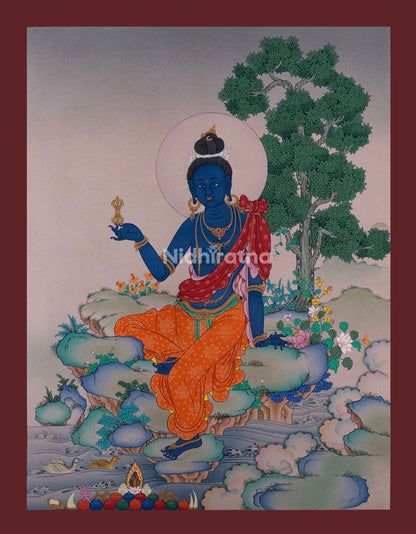 Vajrapani Thangka Print front view showing calm expression and deep blue body on sacred pond