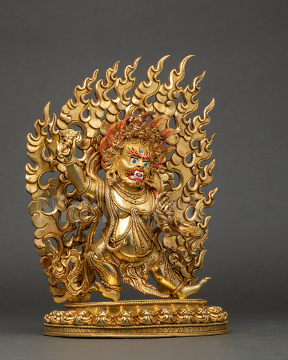 Close-up of Vajrapani face with third eye, bared fangs, blazing hair, and detailed beard