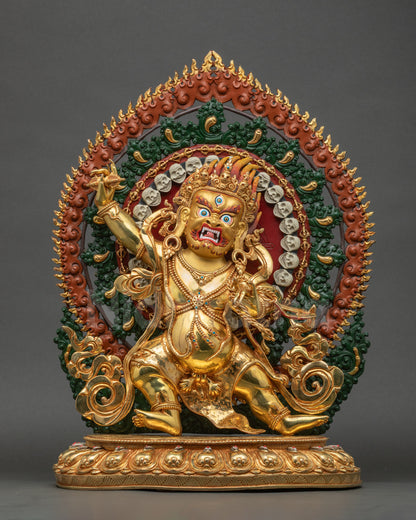 Vajrapani statue standing on lotus with fiery halo and gold fire-gilding