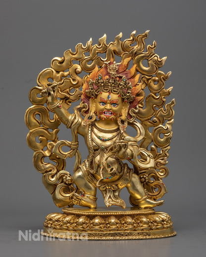 Vajrapani, the thunderbolt-wielding guardian of Buddha’s teachings, captured in a fierce copper and gold statue radiating unstoppable spiritual force.