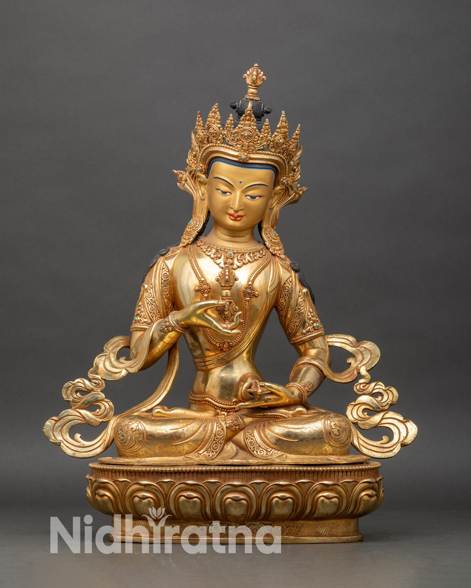Vajrasattva Buddha statue front view gold fire gilded copper Himalayan sculpture