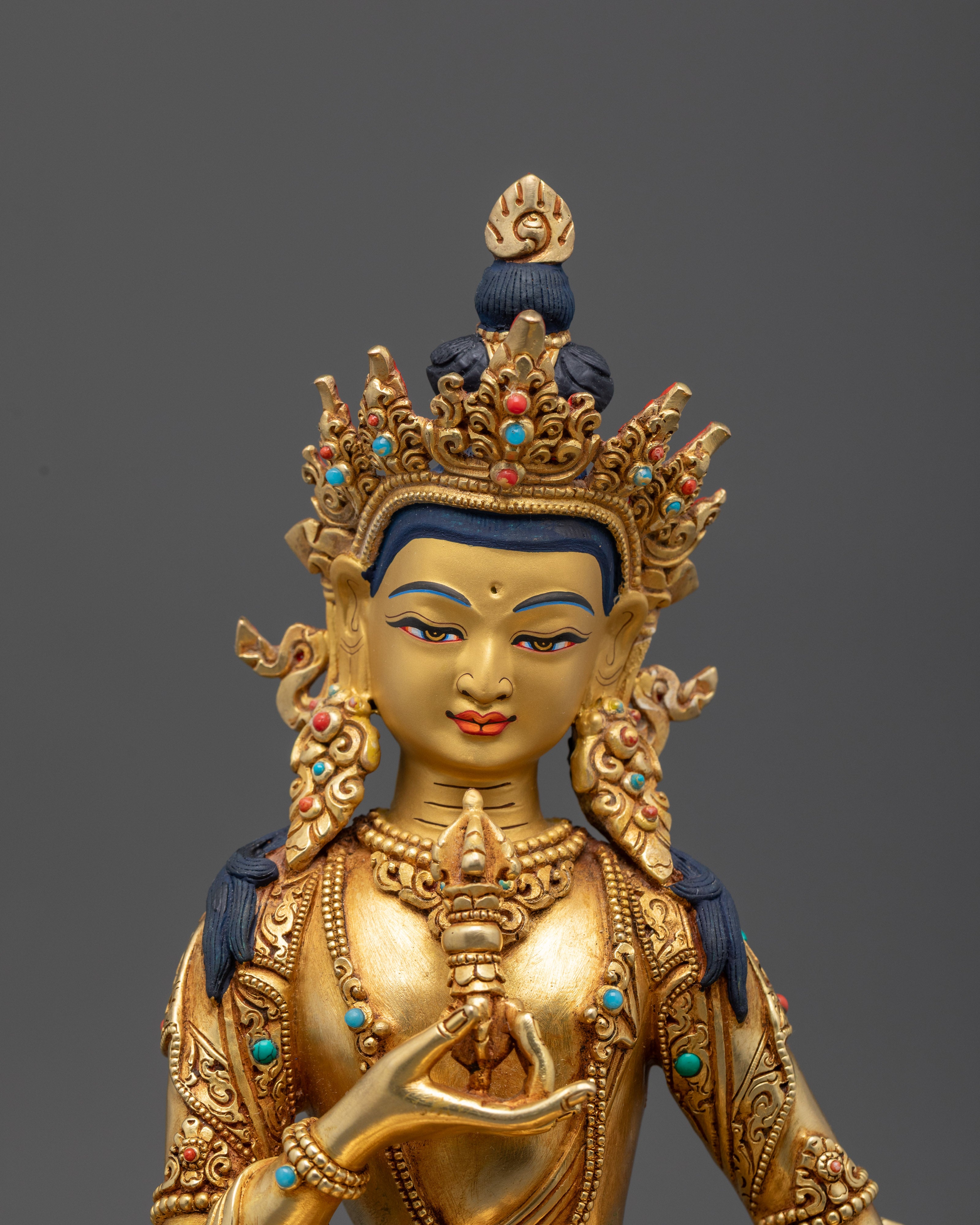 Exquisite Tibetan Vajrasattva statue with 24K gold, turquoise, and coral, perfect for Buddhist meditation space.
