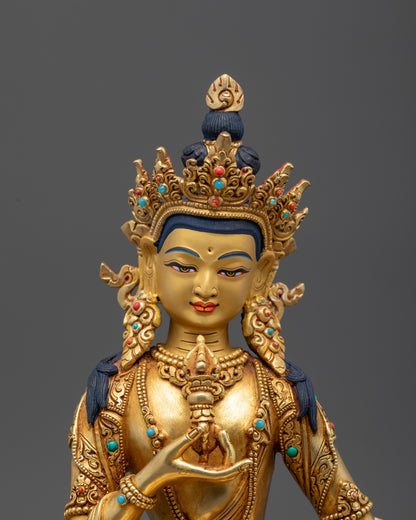 Exquisite Tibetan Vajrasattva statue with 24K gold, turquoise, and coral, perfect for Buddhist meditation space.
