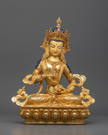 Hand-carved Vajrasattva Statue sitting on a lotus seat holding a vajra in one hand