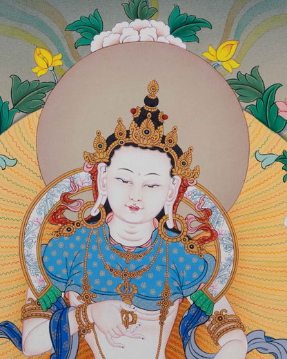 Vajrasattva Buddhist Deity Thangka with Radiant Halo and 24k Gold Detailing