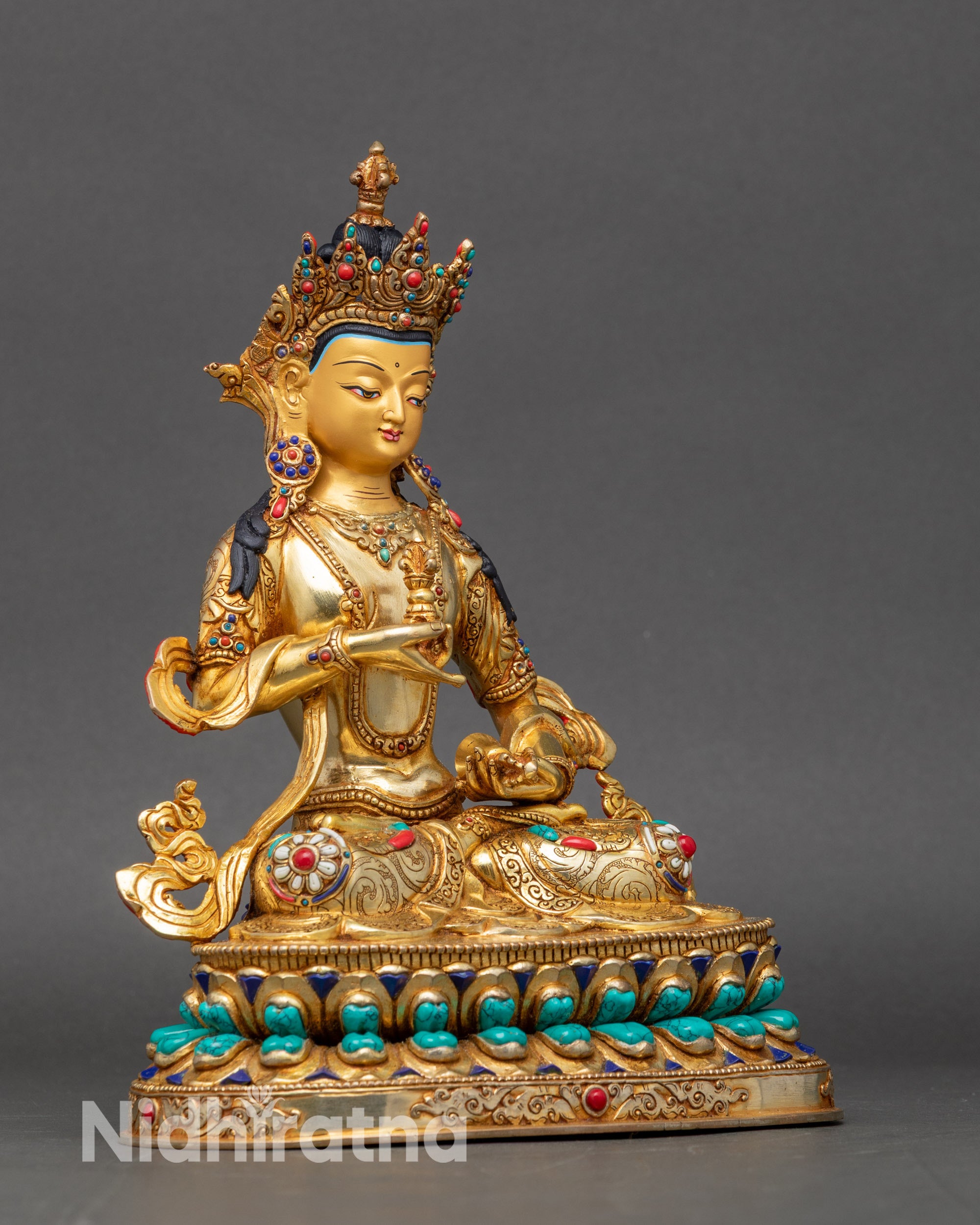 Vajrasattva Buddhist Figurine Right Side View – Showing Vajra Hand 
Gesture, Flowing Robes and Ornate Lotus Base | Authentic Tibetan Statue