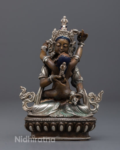Vajrasattva Consort Statue’s oxidized copper crown with silver plating and detailed carvings