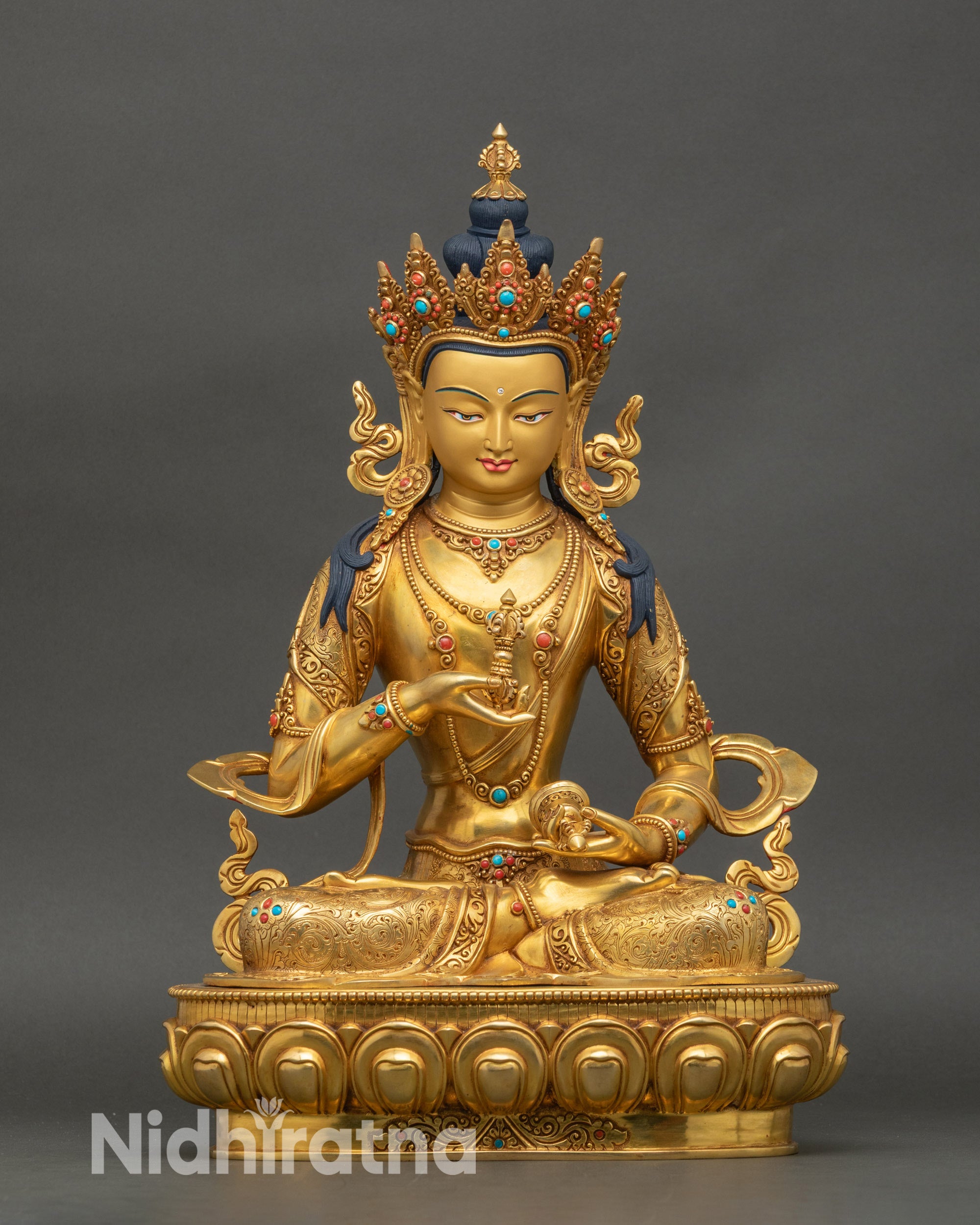 Vajrasattva Dorje Sempa statue full view, fire gilded 24K gold Buddhist art from Nepal
