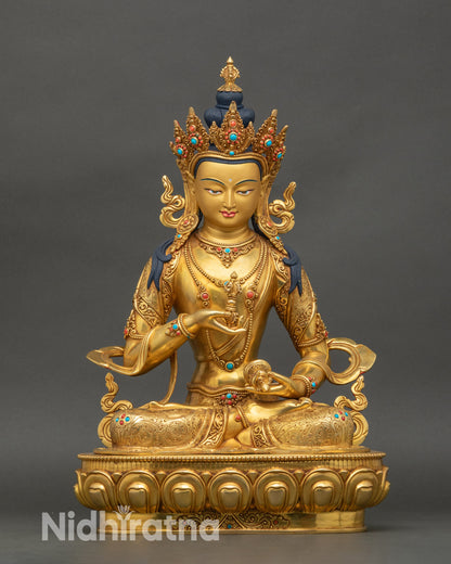 Vajrasattva Dorje Sempa statue full view, fire gilded 24K gold Buddhist art from Nepal
