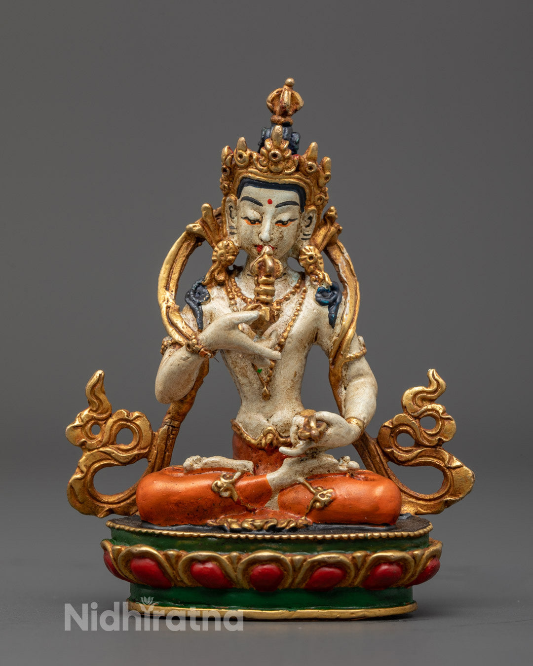 Vajrasattva Kadampa Statue with off-white copper body and gold-plated jewellery seated on multi-coloured lotus throne for meditation and purification