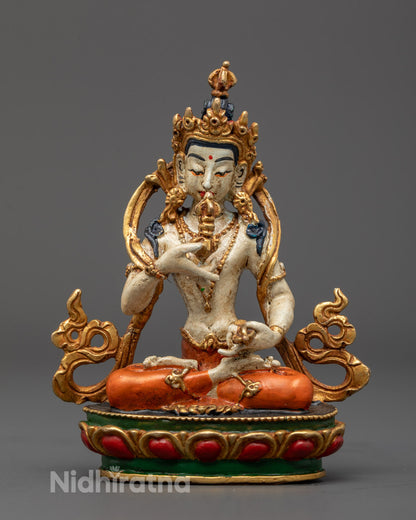 Vajrasattva Kadampa Statue with off-white copper body and gold-plated jewellery seated on multi-coloured lotus throne for meditation and purification