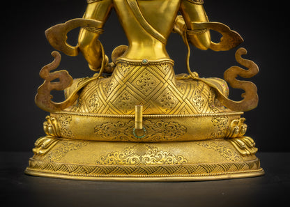 Back lower view of Vajrasattva Dorje Sempa lotus pedestal showing carved layers and floral motif design