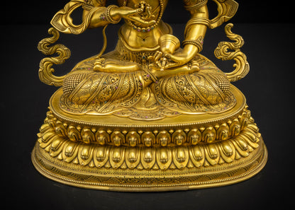 Front lower view of Vajrasattva Dorje Sempa seated on double-layered lotus pedestal with carved details
