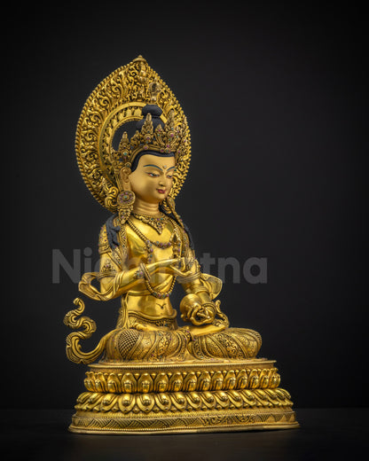 Right side view of Vajrasattva Dorje Sempa holding vajra and bell on lotus base