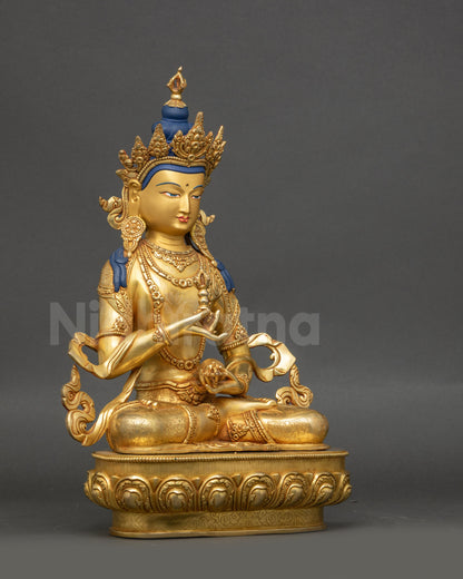 Vajrasattva Statue detailed side close up highlighting flowing robe and semi-precious stones
